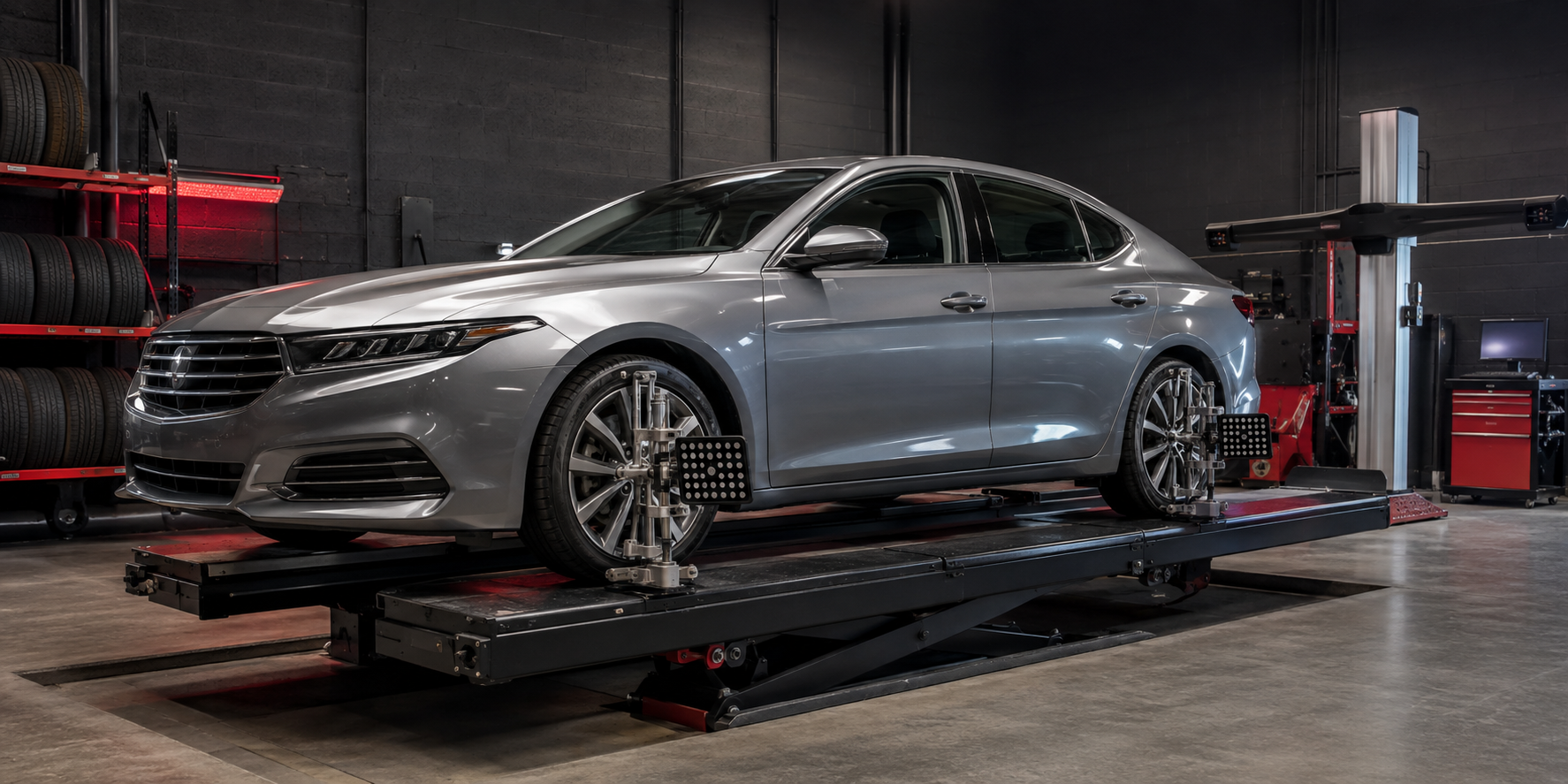 Vehicle receiving professional wheel alignment service